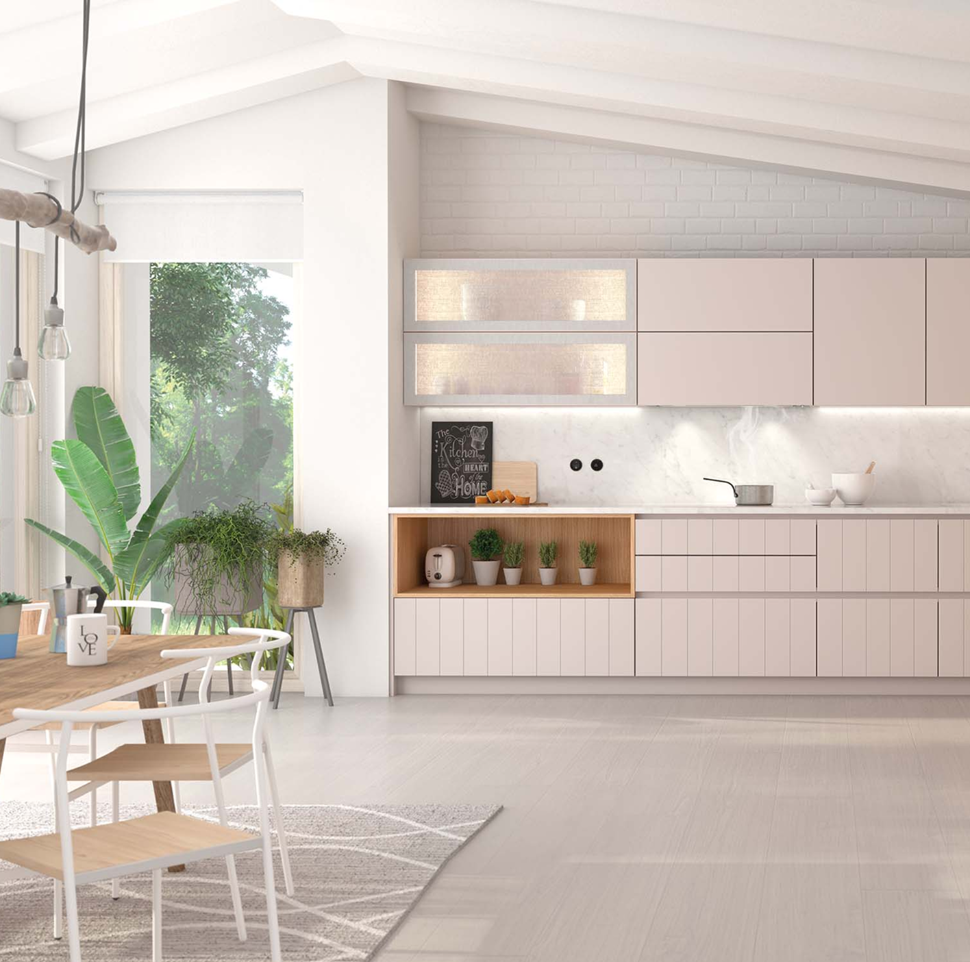 Cocina minimalista con muebles blancos, encimera de mármol y estantes superiores con luz interior. Detalles en madera clara, plantas decorativas y ventana grande que deja entrar luz natural.
