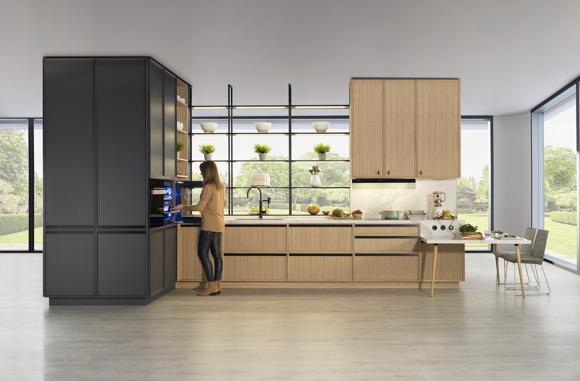 Explora esta cocina moderna con muebles de diseño elegante. Los gabinetes de madera ofrecen un toque clásico, mientras que la encimera de granito combina funcionalidad y estilo. La iluminación Led resalta cada detalle, creando un ambiente acogedor y contemporáneo.
