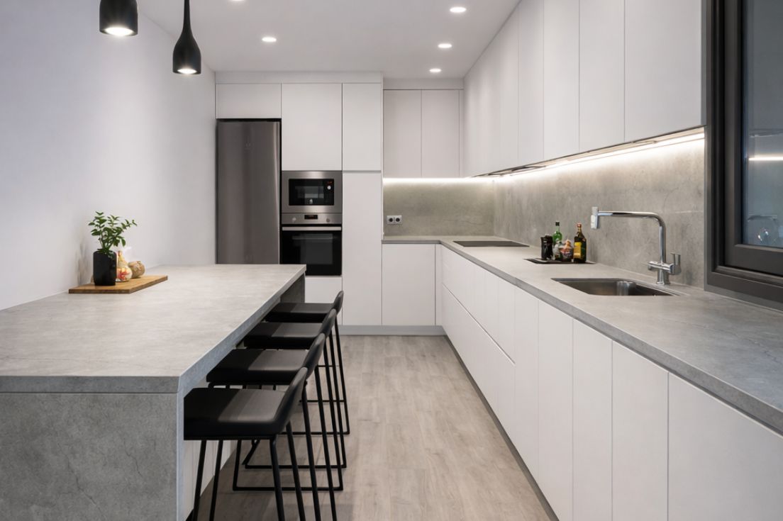 CÓMO DISTRIBUIR UNA COCINA ALARGADA PARA GANAR AMPLITUD Y LUMINOSIDAD